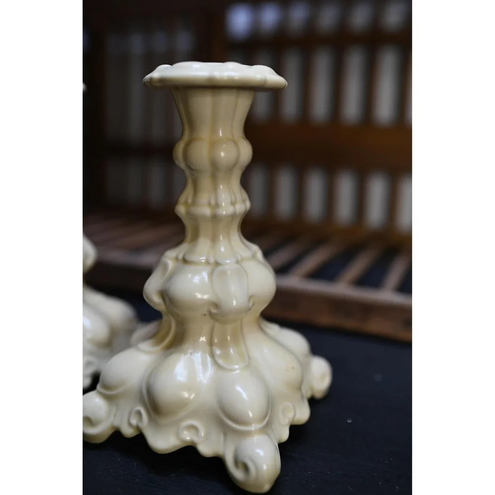 Vintage Ivory Ceramic Candle Stick Holders Holland Mold Style Set of 2 Ivory 7in